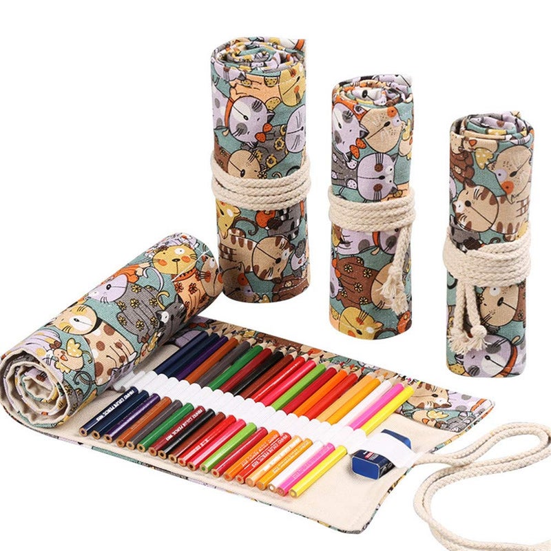 Funny live 36/48/72 Slots Colored Pencil Wrap Pencils Roll Holder Coloring Pencils Organizer Holder Colored Pen Paint Brush Storage Pouch Portable for Artist Student (Cat, 48 Slots) - Image 1